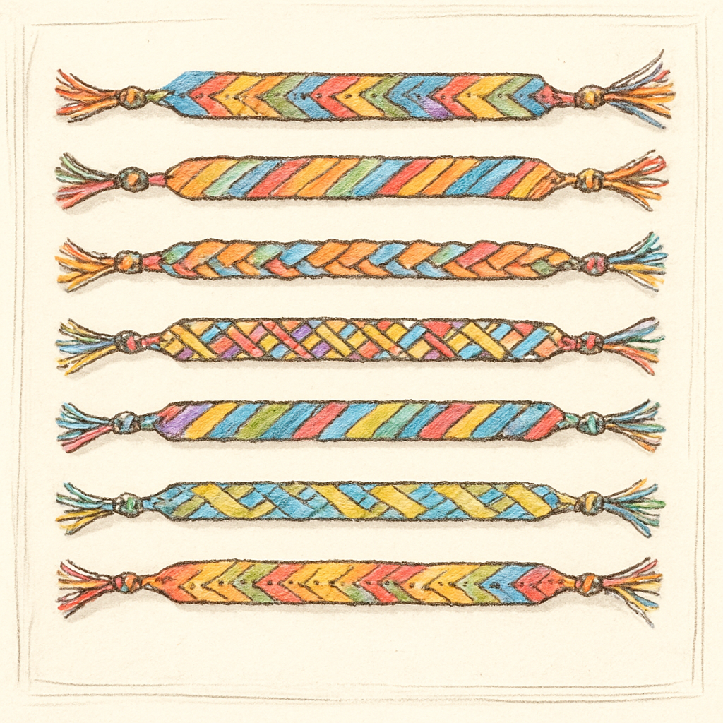 カラフルなミサンガが並んでいる手書き風スケッチ