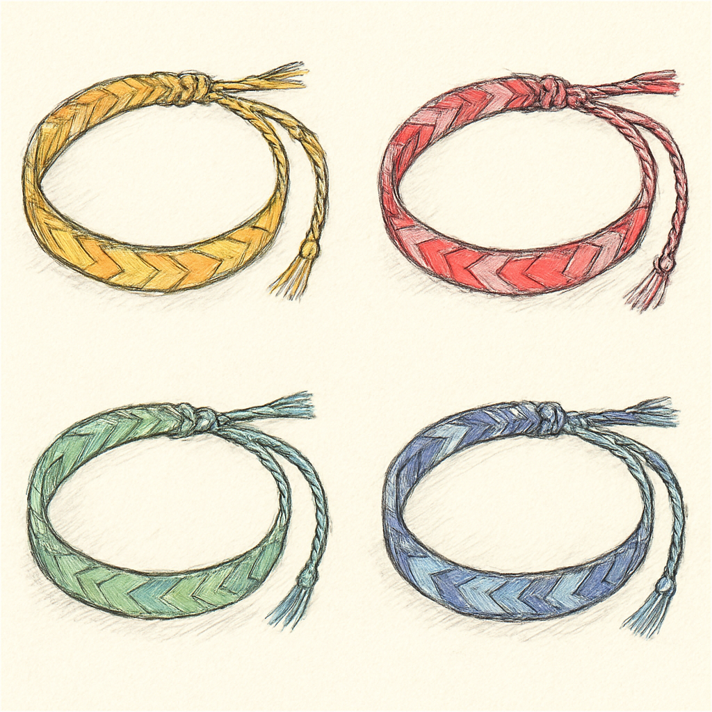 目的別ミサンガの色の組み合わせイメージ（手書き風スケッチ）