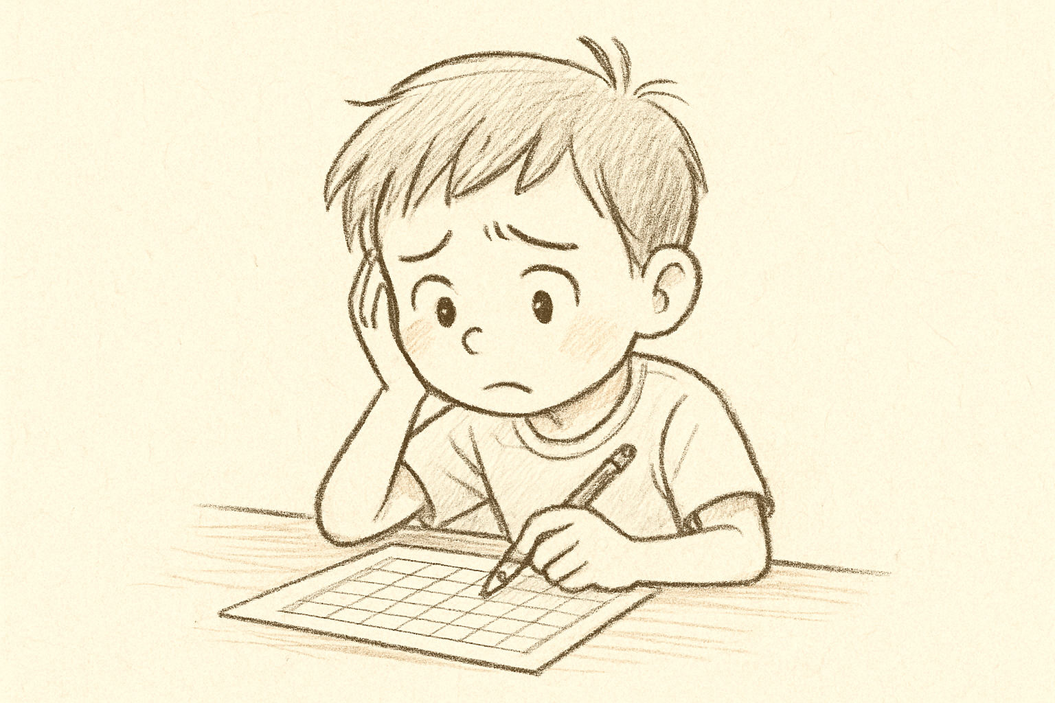 原稿用紙に向かって悩んでいる子どものイメージ