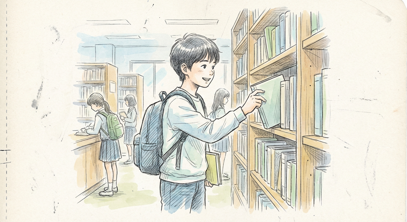 図書館で本を選んでいる中学生のイメージ