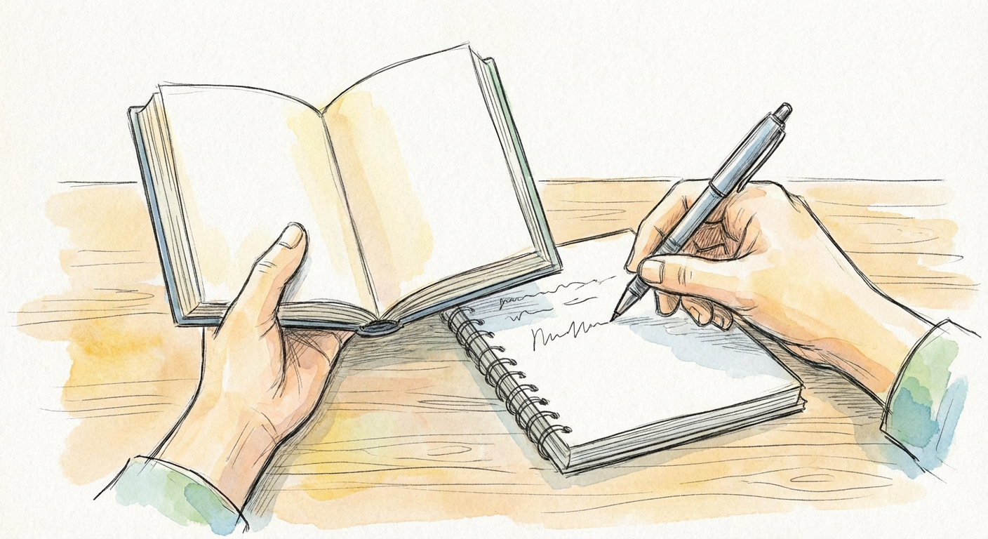 本を読みながらノートにメモをとる手元のイメージ