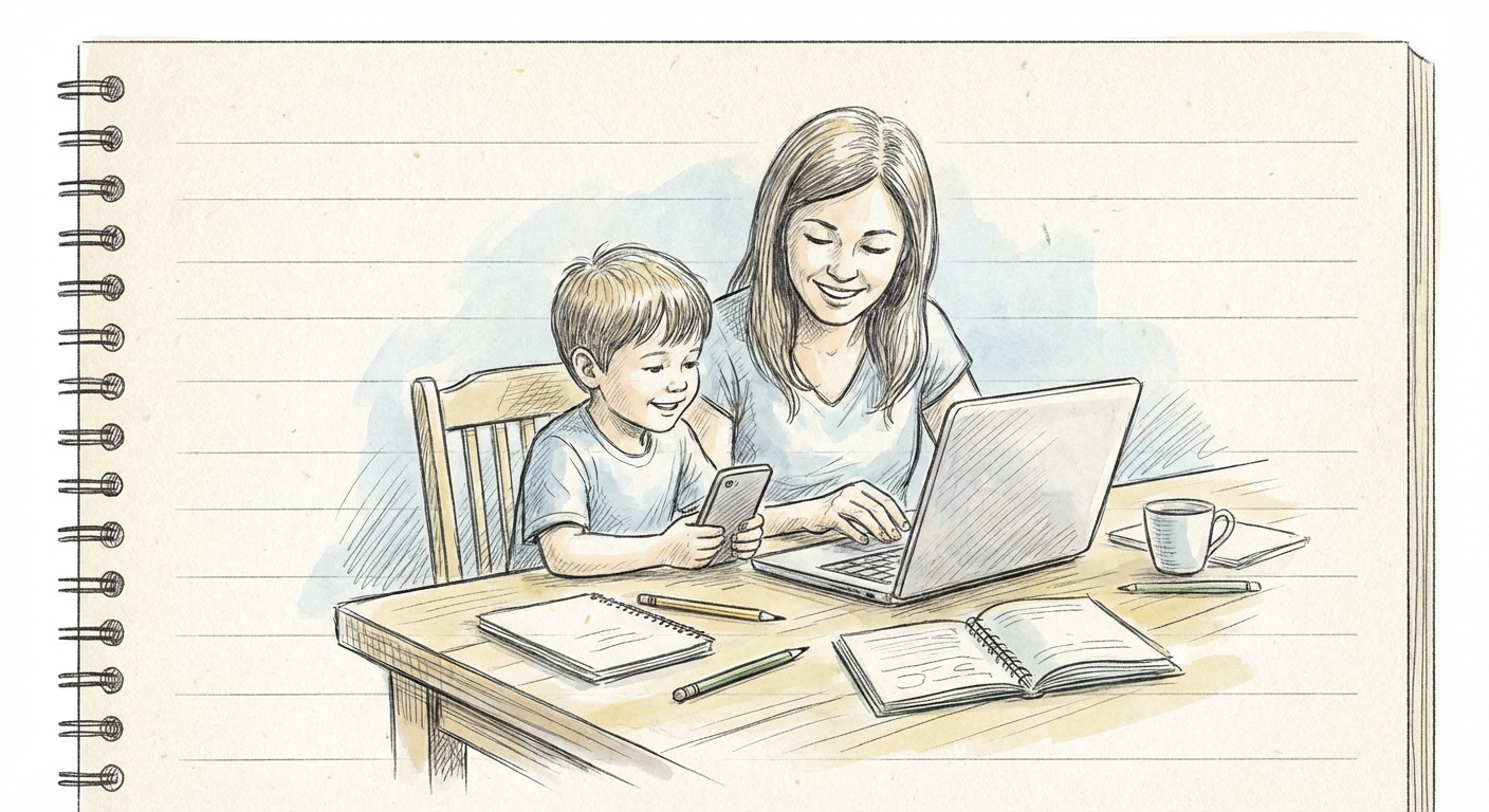 親子でスマホやパソコンを見ながら情報収集するイメージイラスト