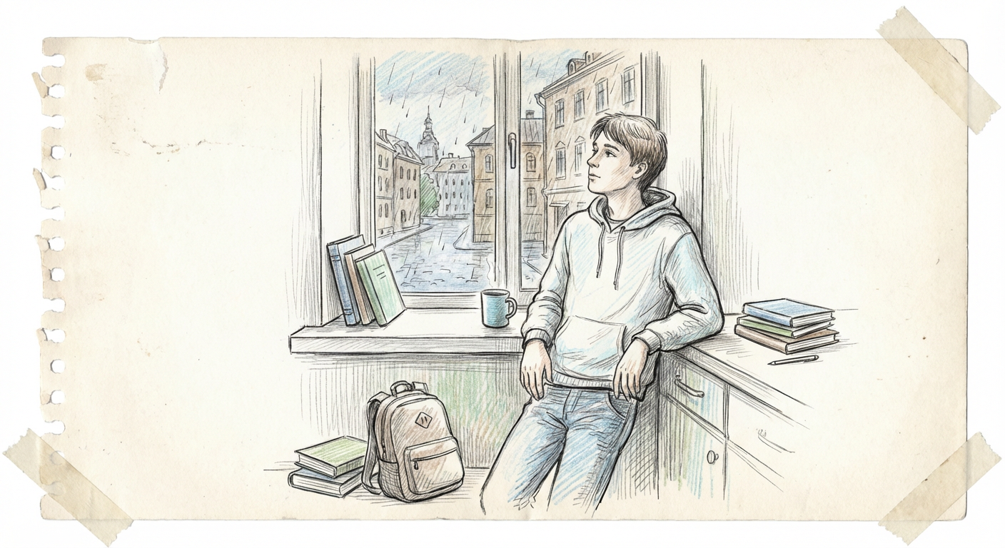 窓辺でぼんやりしている学生のイラスト