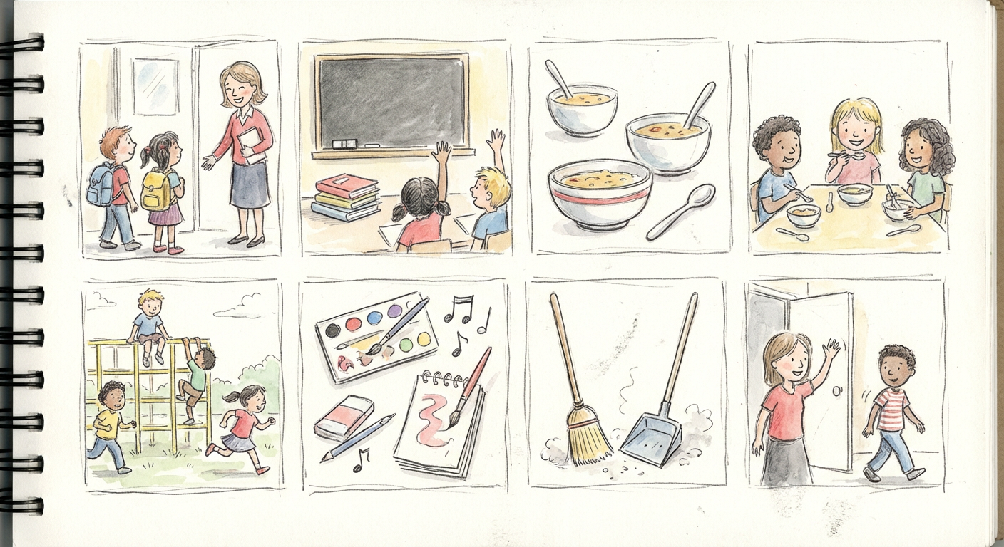 小学校の1日の流れ（タイムスケジュール表のイメージ）