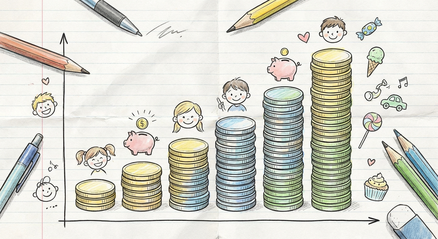 お小遣いの金額推移をイメージするイラスト