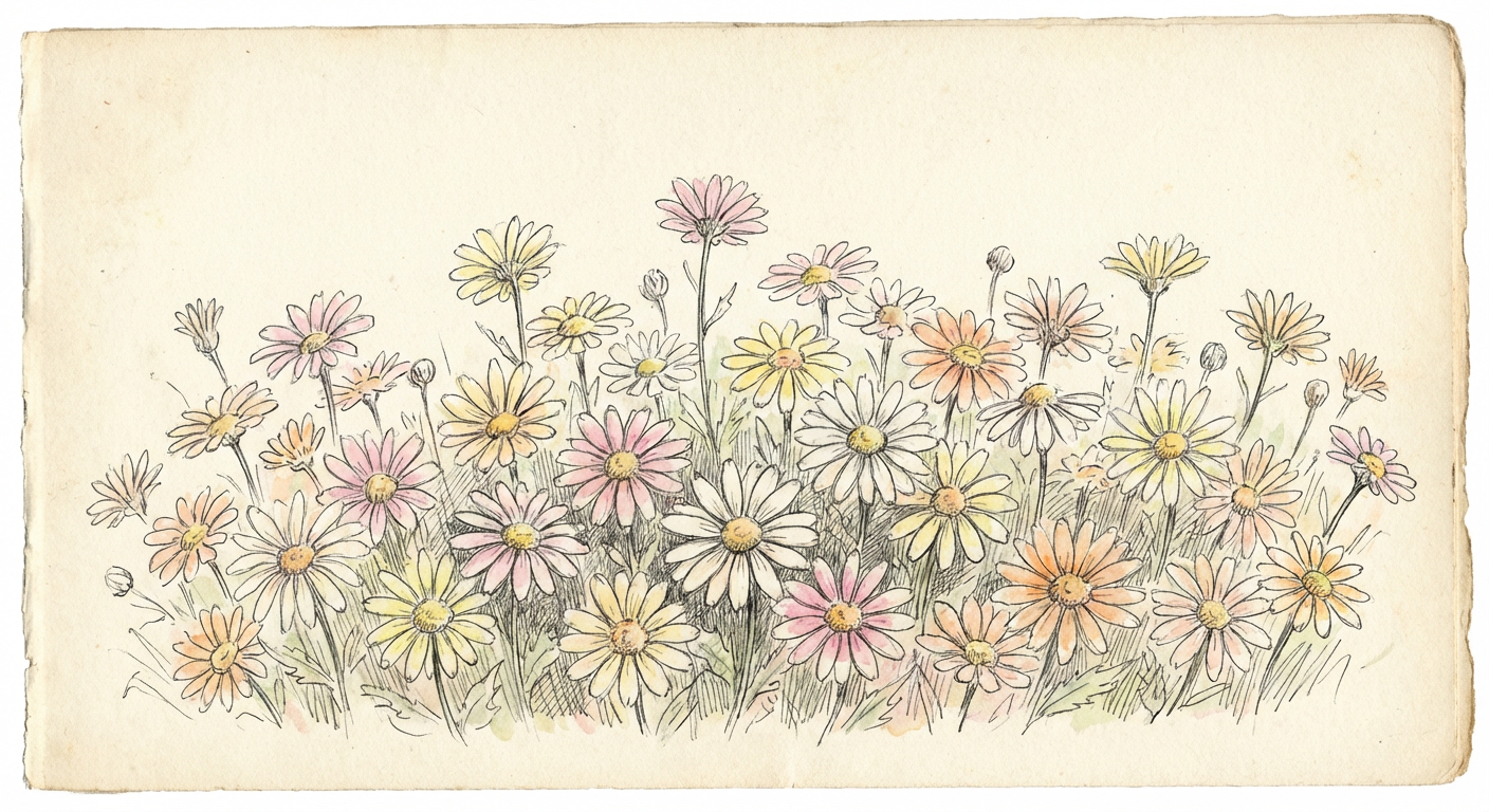 花壇に咲く色とりどりの雛菊のイメージ