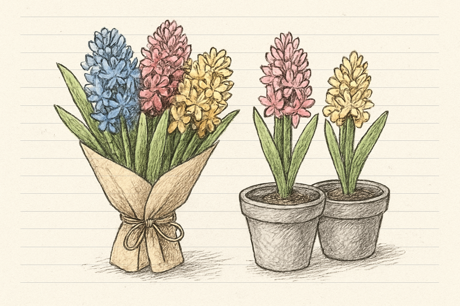 色とりどりのヒヤシンスの花束や鉢植えのイメージ