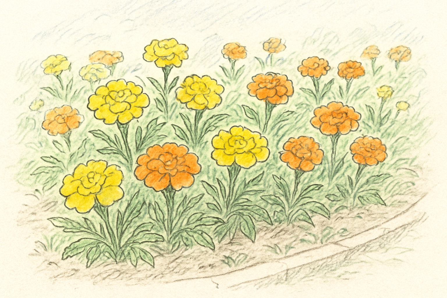 黄色とオレンジのマリーゴールドが花壇に咲いているイメージ