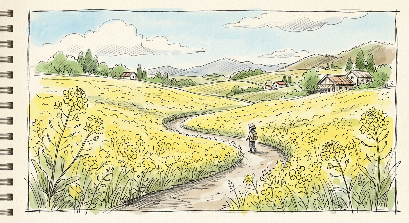 菜の花畑が一面に広がる春の風景