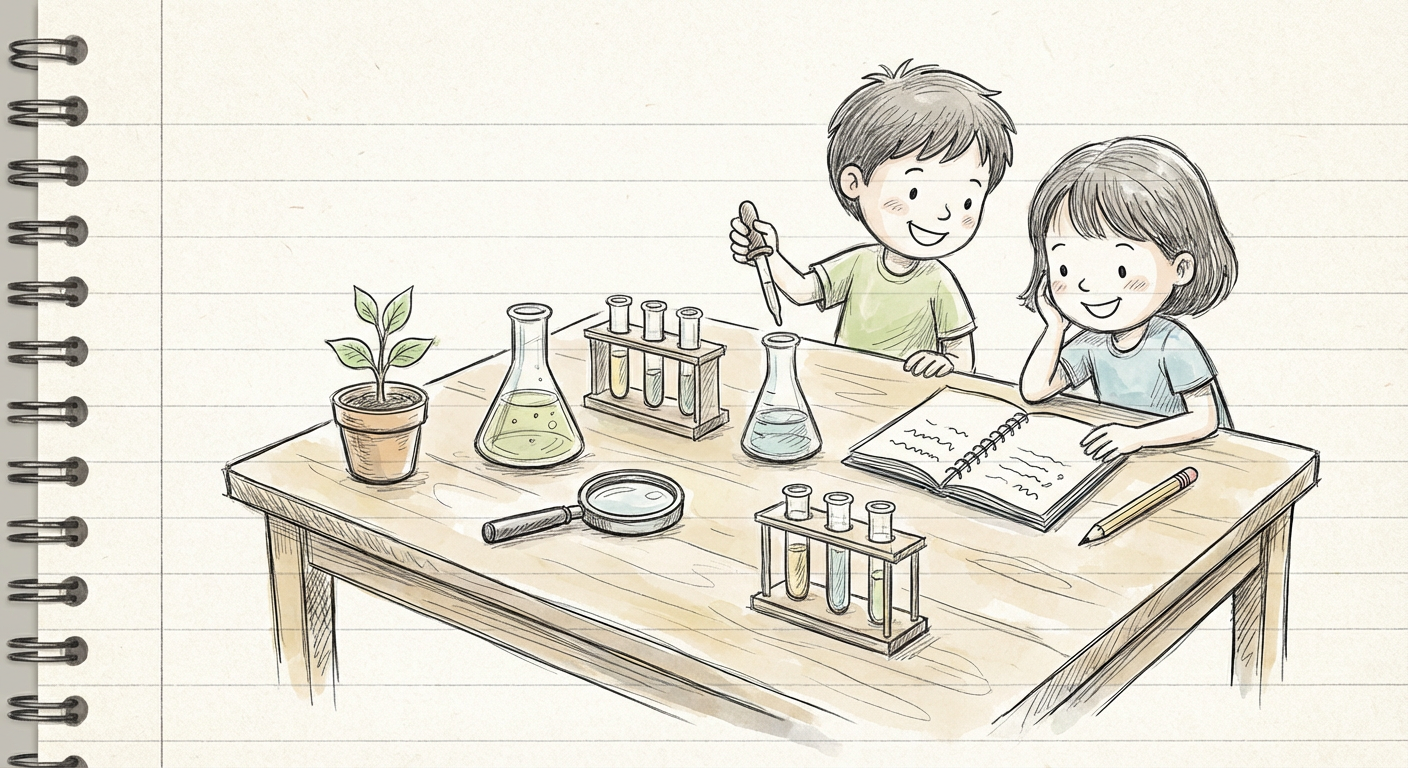実験道具や理科の自由研究に取り組む様子のイメージ