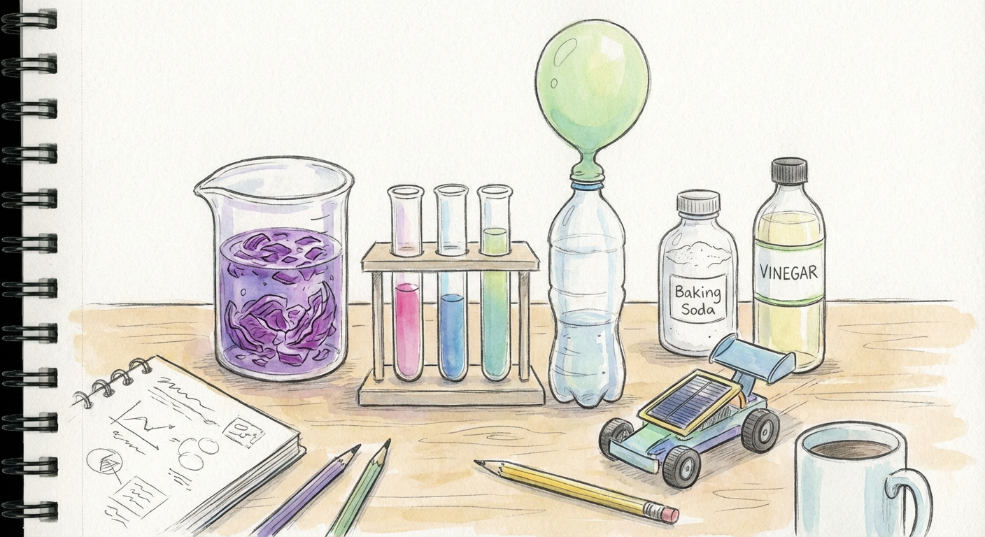 紫キャベツ液やペットボトル実験など、理科実験のイメージ