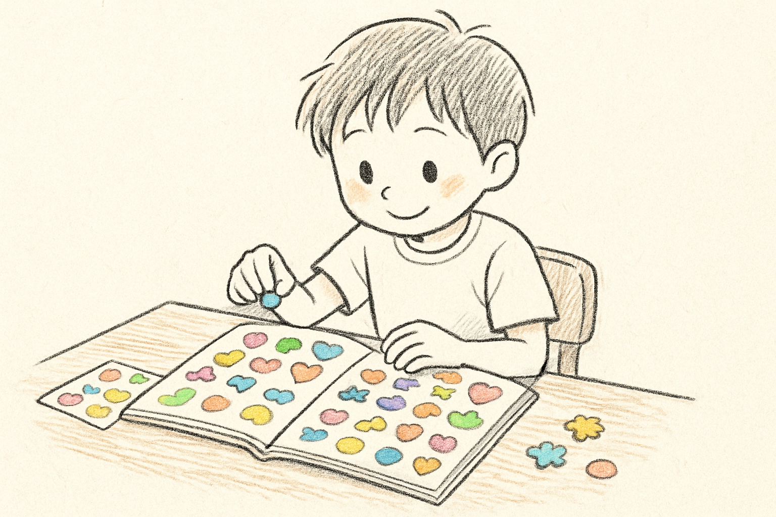 シール帳にカラフルなシールを貼っている小学生のイメージ