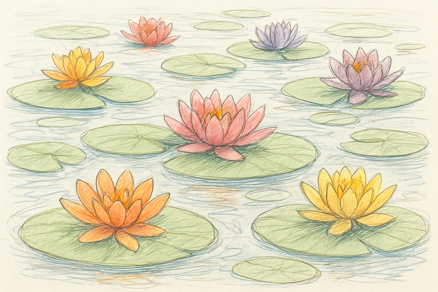 色とりどりの睡蓮が咲く池のイメージ