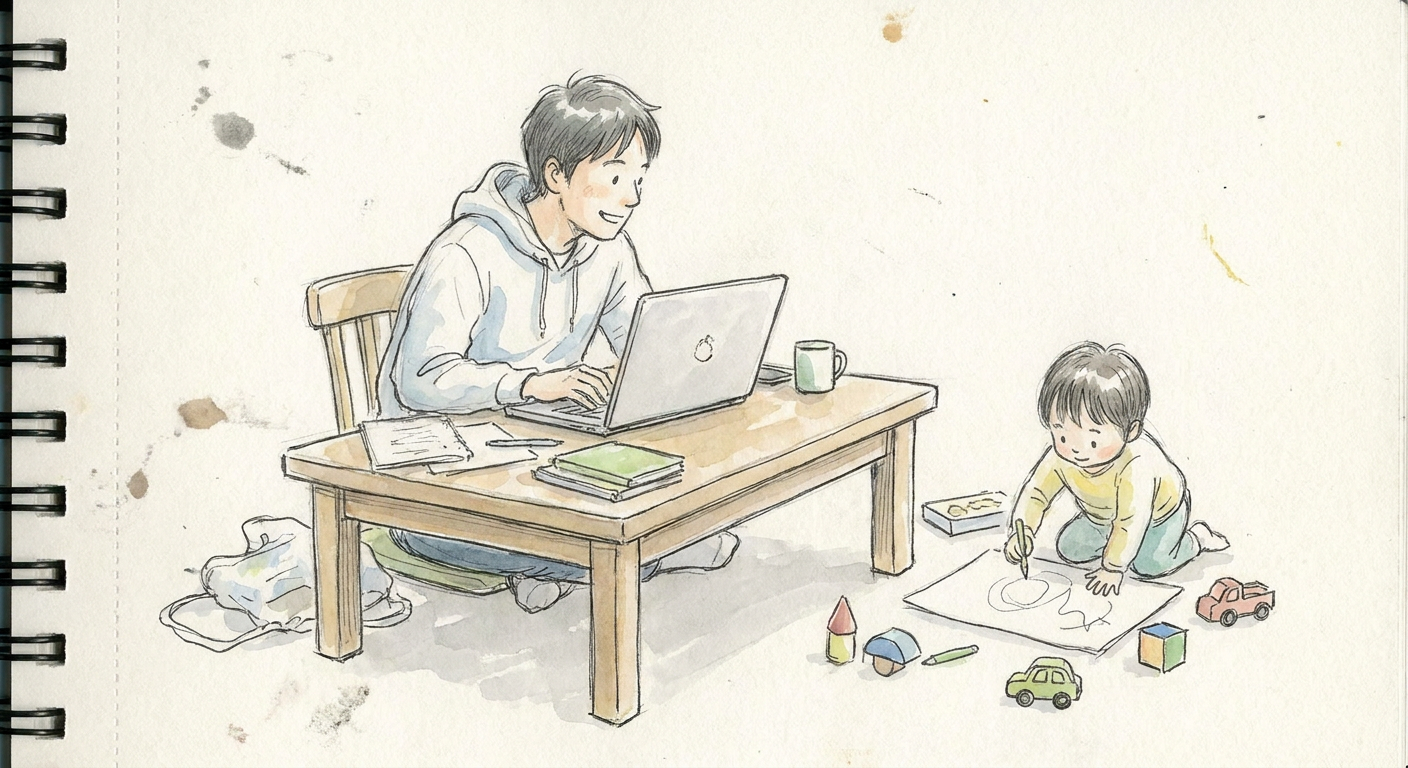 在宅で仕事をしながら子どもを見守る親のイメージ（手書き風スケッチ）