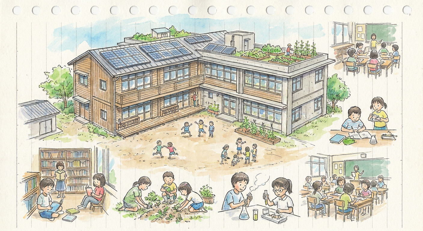 義務教育学校の校舎や子どもたちが学ぶ風景