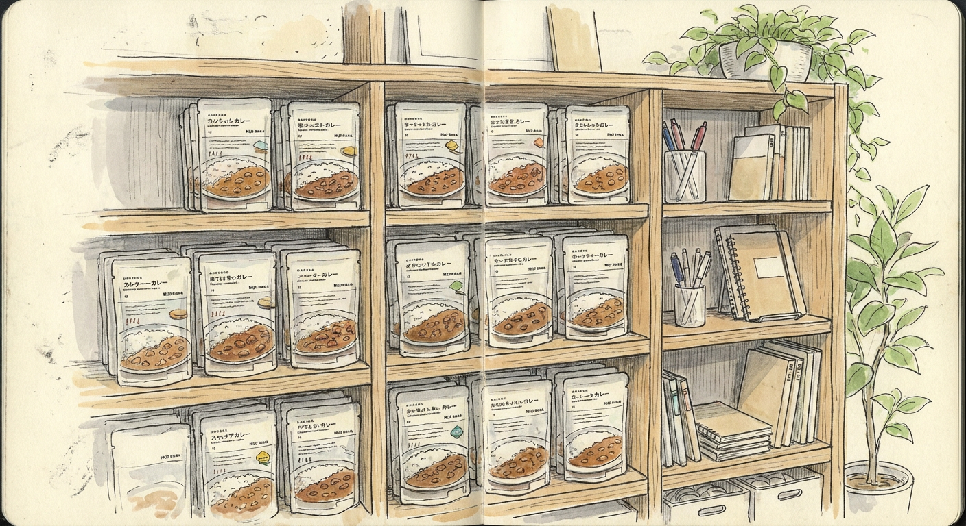 無印良品のレトルトカレーが並んだ棚のイラスト