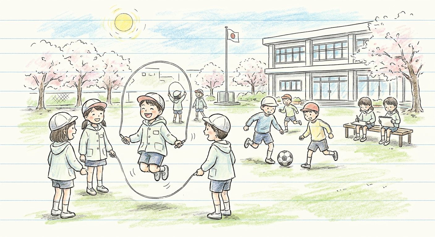 5月の校庭で活動する子どもたちのイラスト
