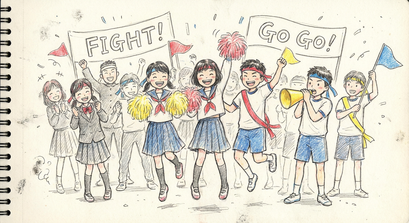 中学生が体育祭で応援する様子のイラスト