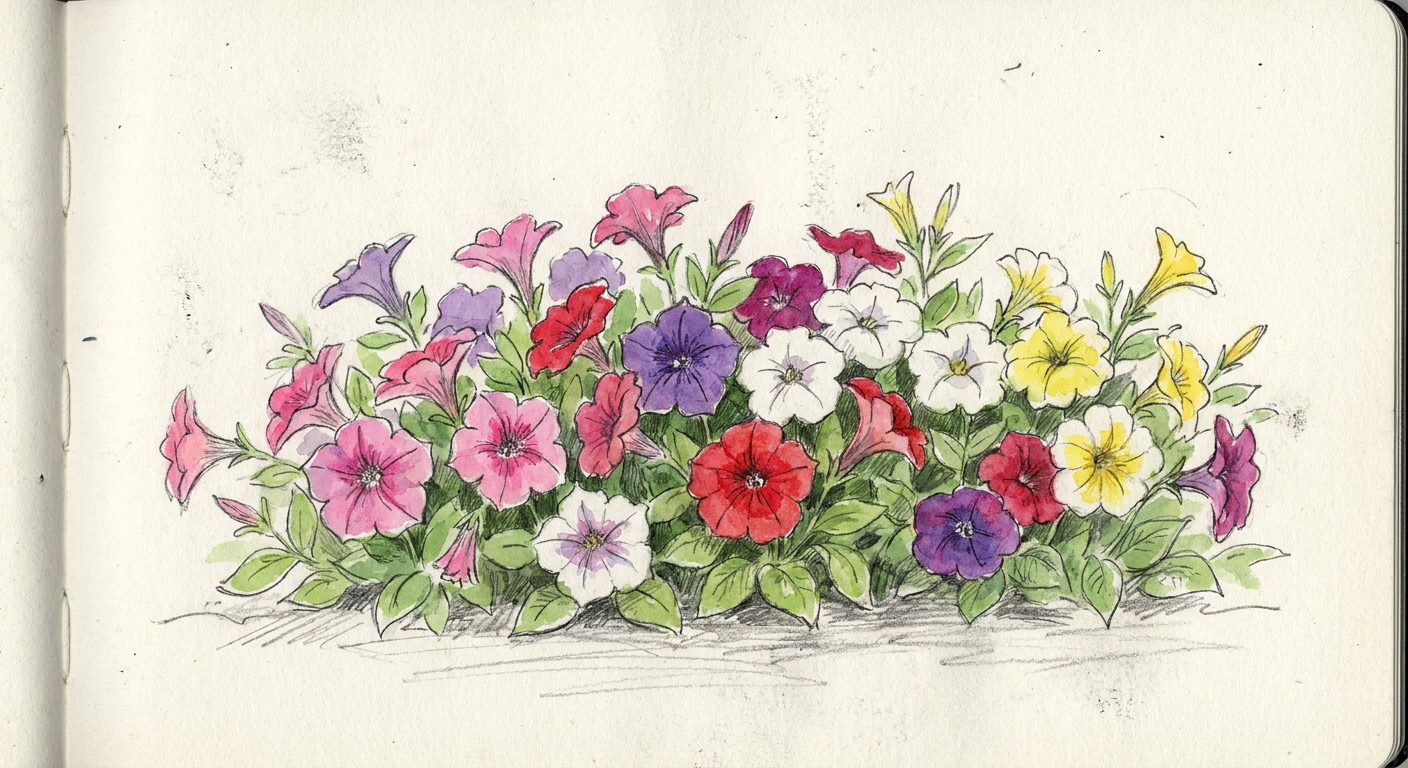色とりどりに咲くペチュニアの花壇のイメージ写真