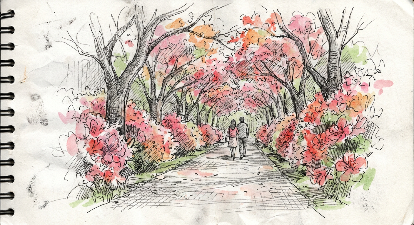満開のつつじの並木道