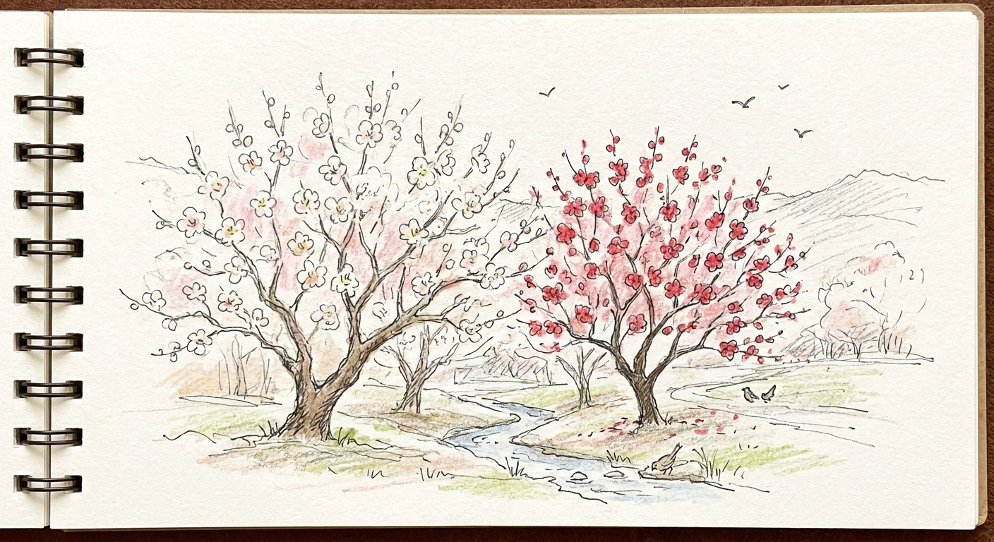 満開の白梅と紅梅が並んで咲いている早春の風景
