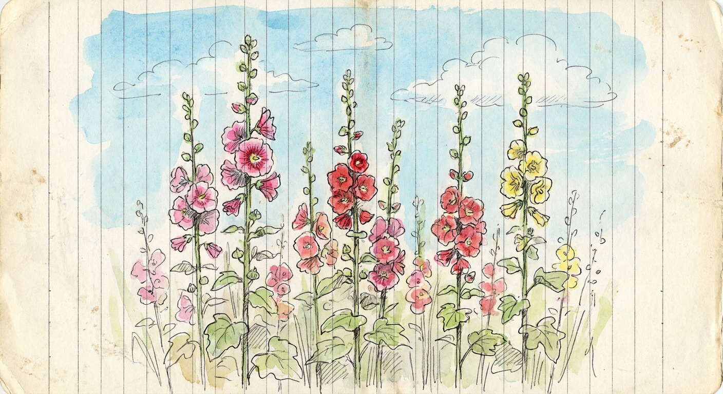 青空に向かってまっすぐ伸びるタチアオイの花のイメージ