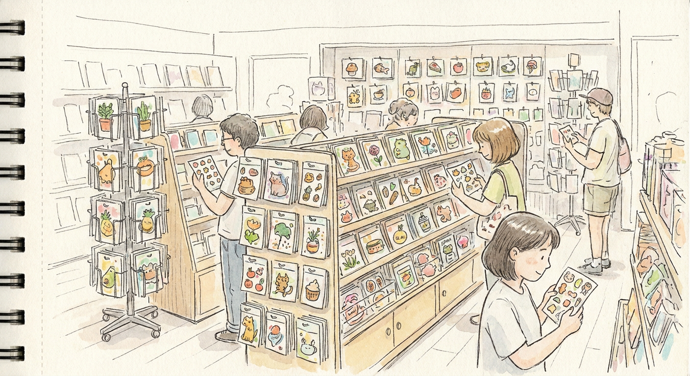 雑貨店のシール売り場に並ぶカラフルなシールのイメージ