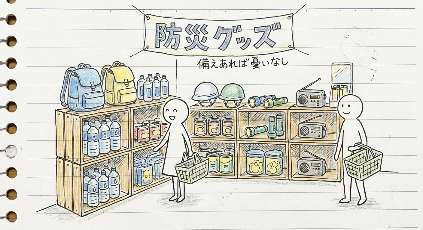 防災グッズが並ぶお店の売り場のイメージ