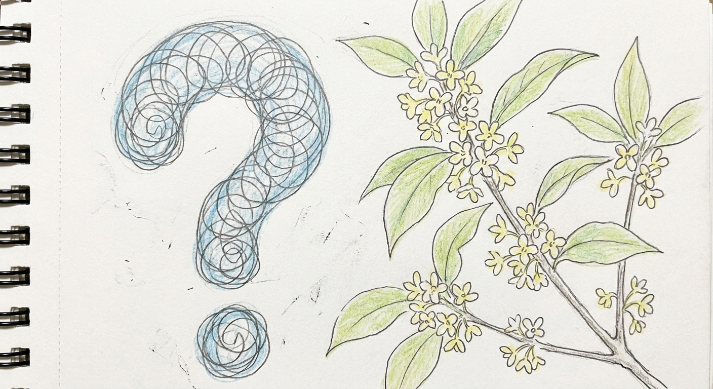 ?マークと銀木犀の花を並べた手書き風イラスト