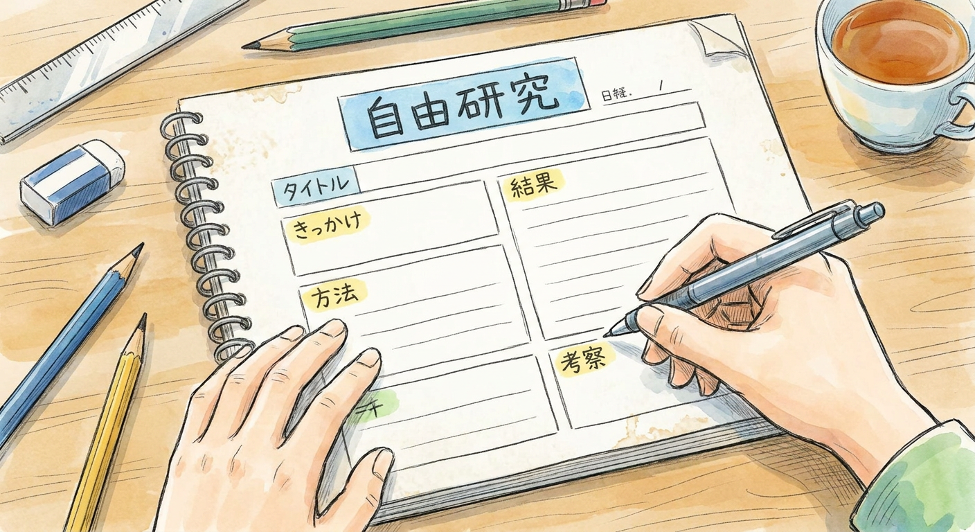 自由研究のレポート用紙に項目を書き込んでいるイメージ