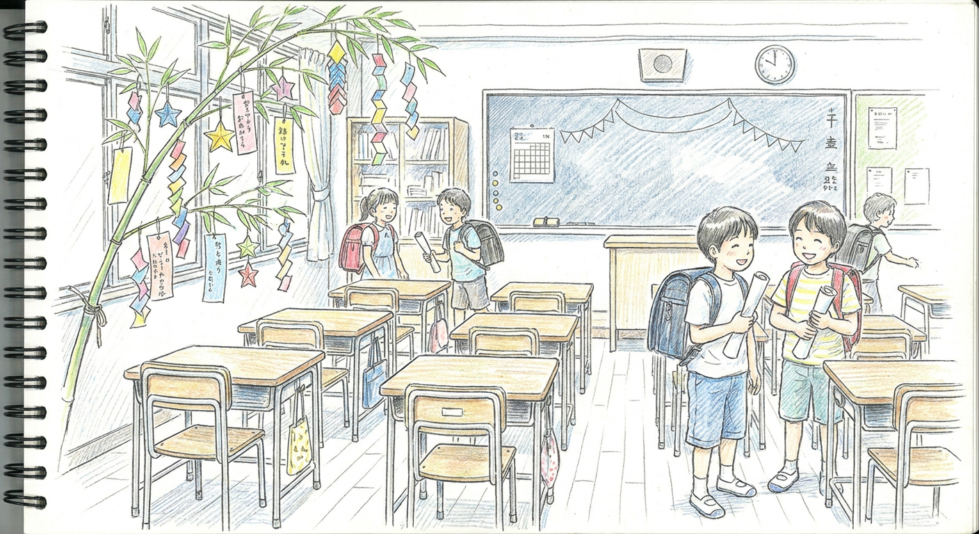 小学校の終業式や七夕飾りのある教室の様子