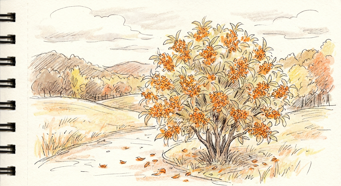 オレンジ色の金木犀の花が咲く秋の風景
