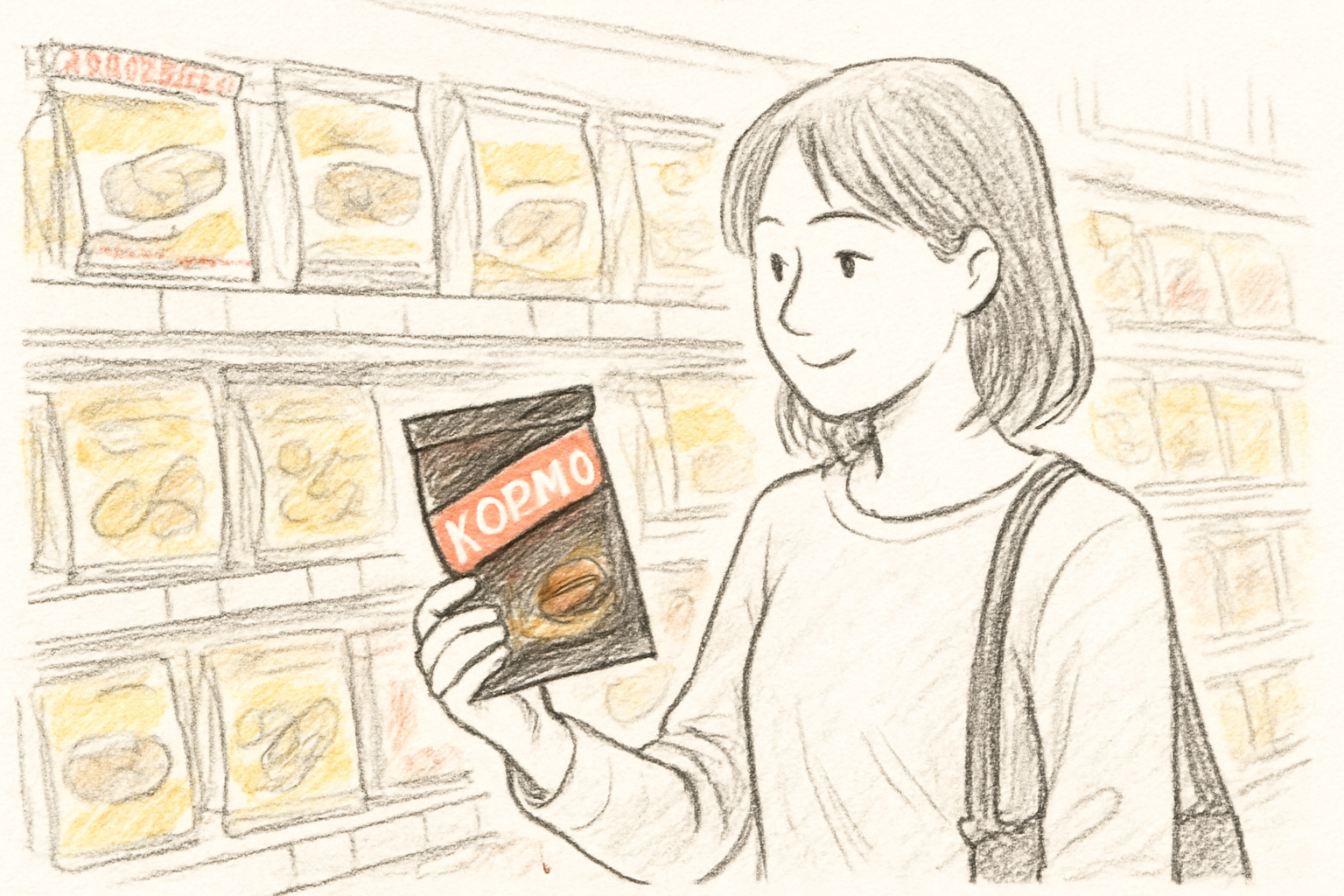 スーパーのお菓子売り場でコピコのコーヒーキャンディを探すイメージ