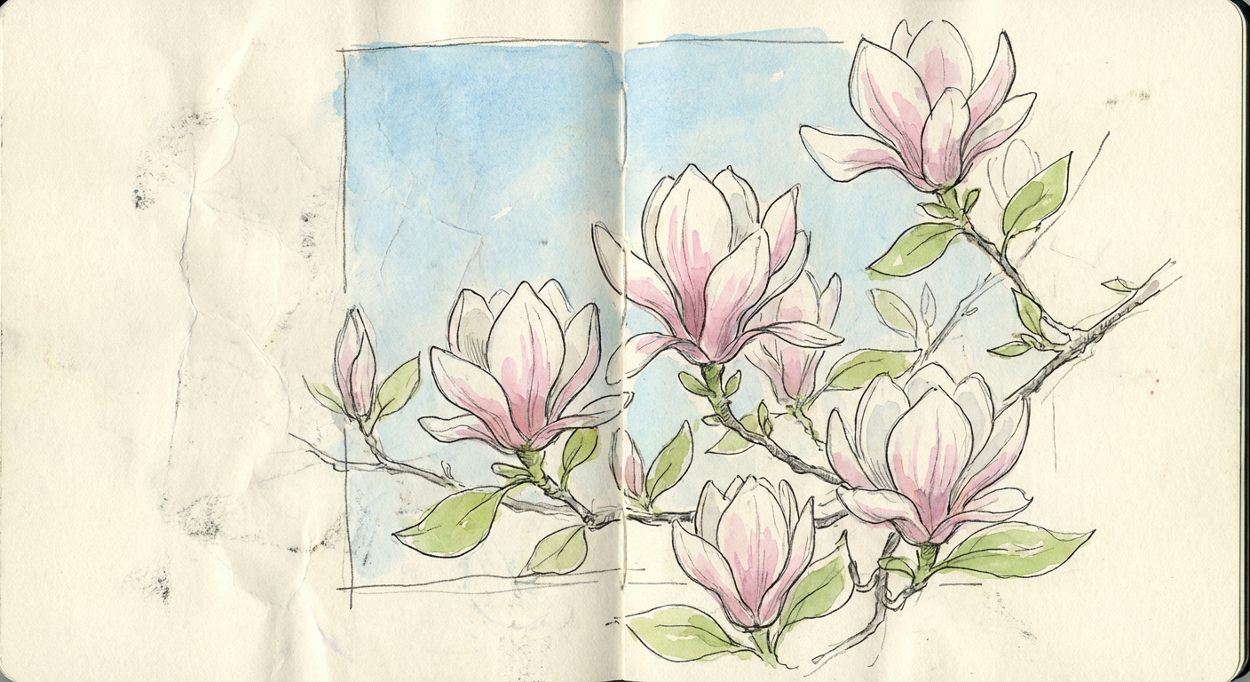 青空を背景に咲く木蓮の花のイメージ