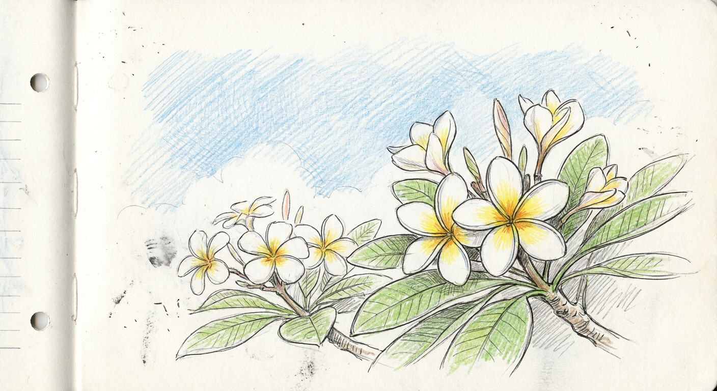 青空の下で咲くプルメリアの花のイメージ