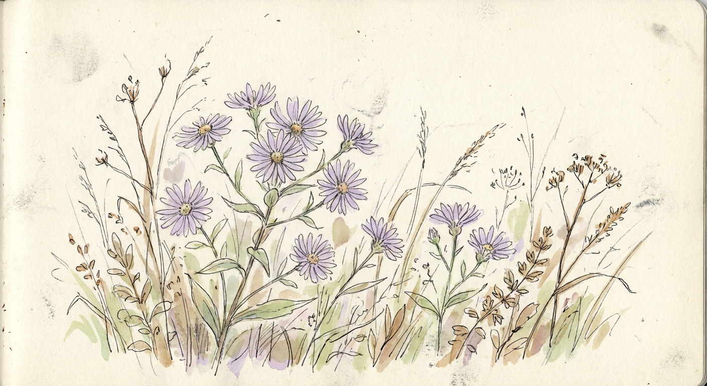 秋の野原に咲く淡い紫の紫苑の花