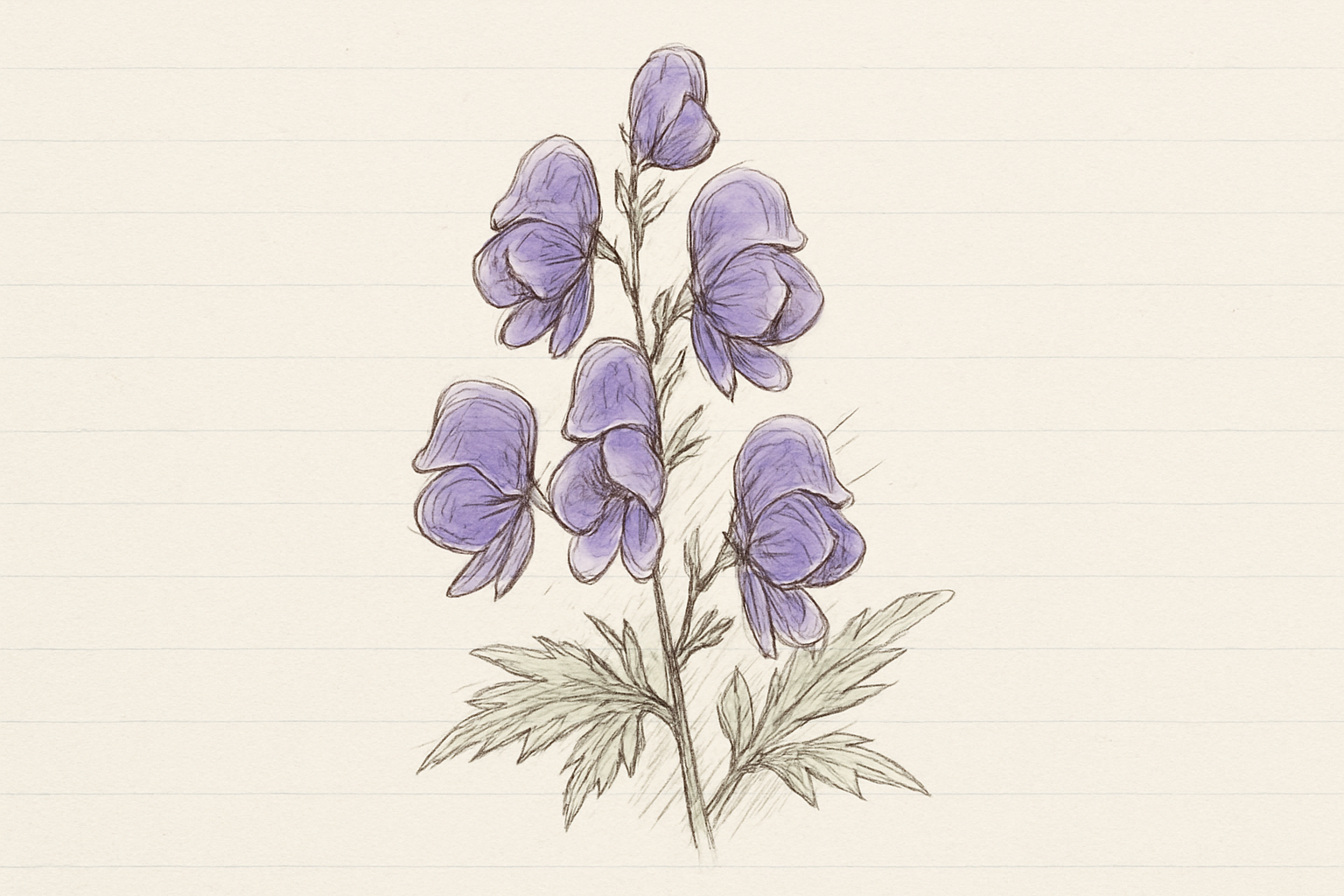 青紫色のトリカブトの花の手書き風スケッチ