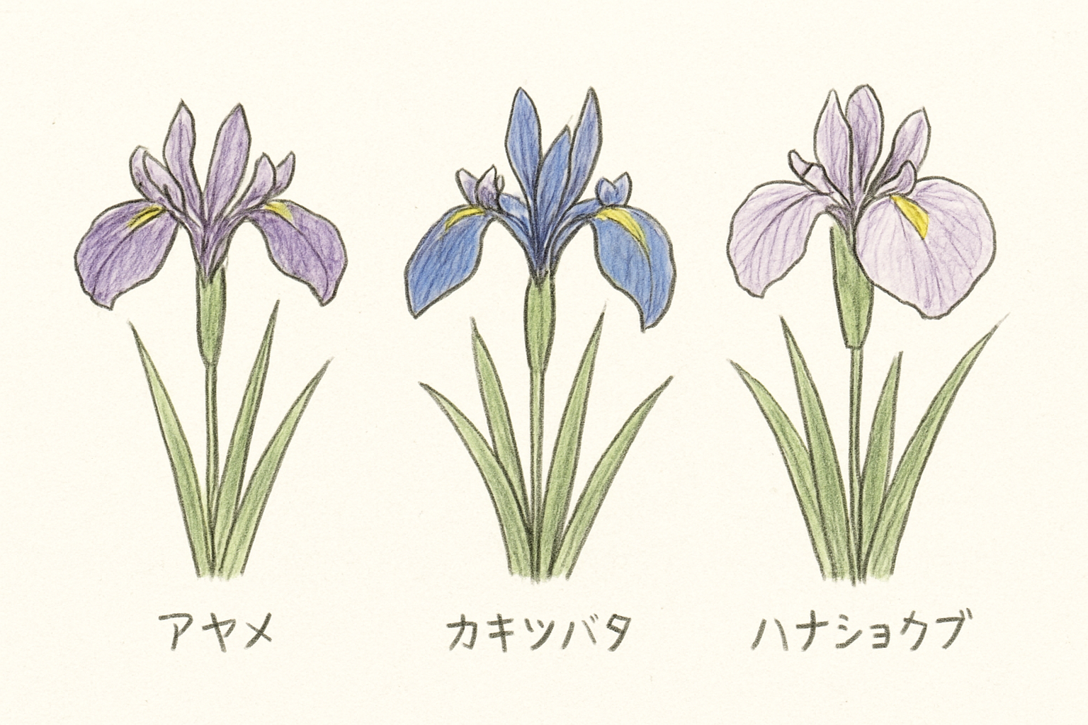 アヤメ・カキツバタ・ハナショウブの花の比較イメージ