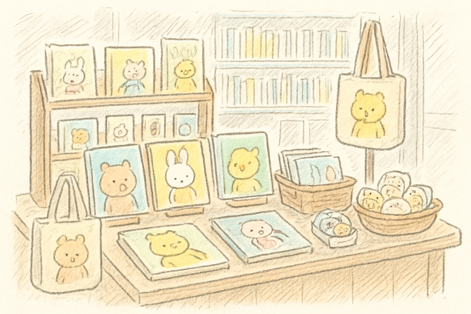 絵本グッズが並ぶ書店の雑貨コーナーのイメージ