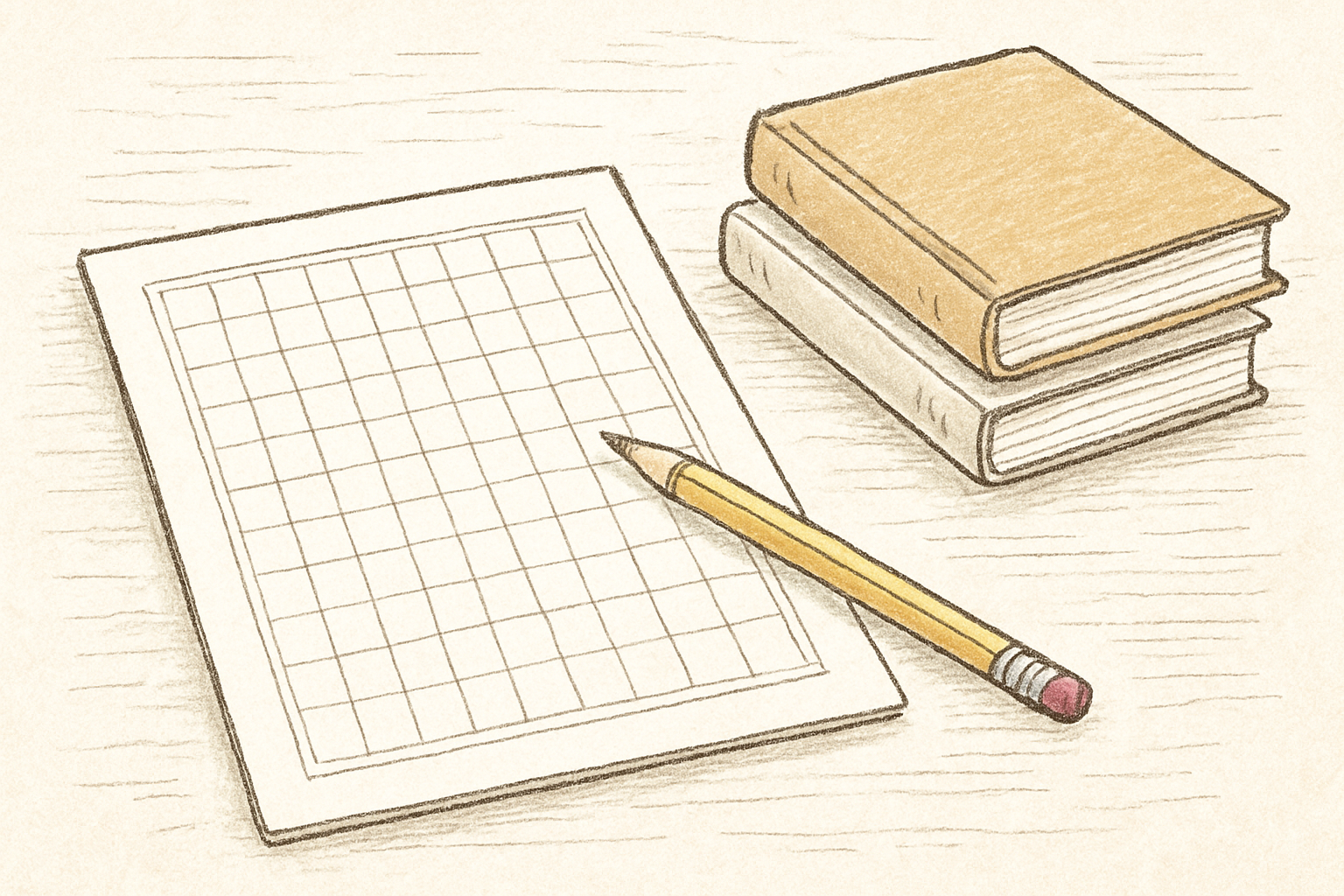 原稿用紙とえんぴつ、本が机に置かれた勉強のイメージ