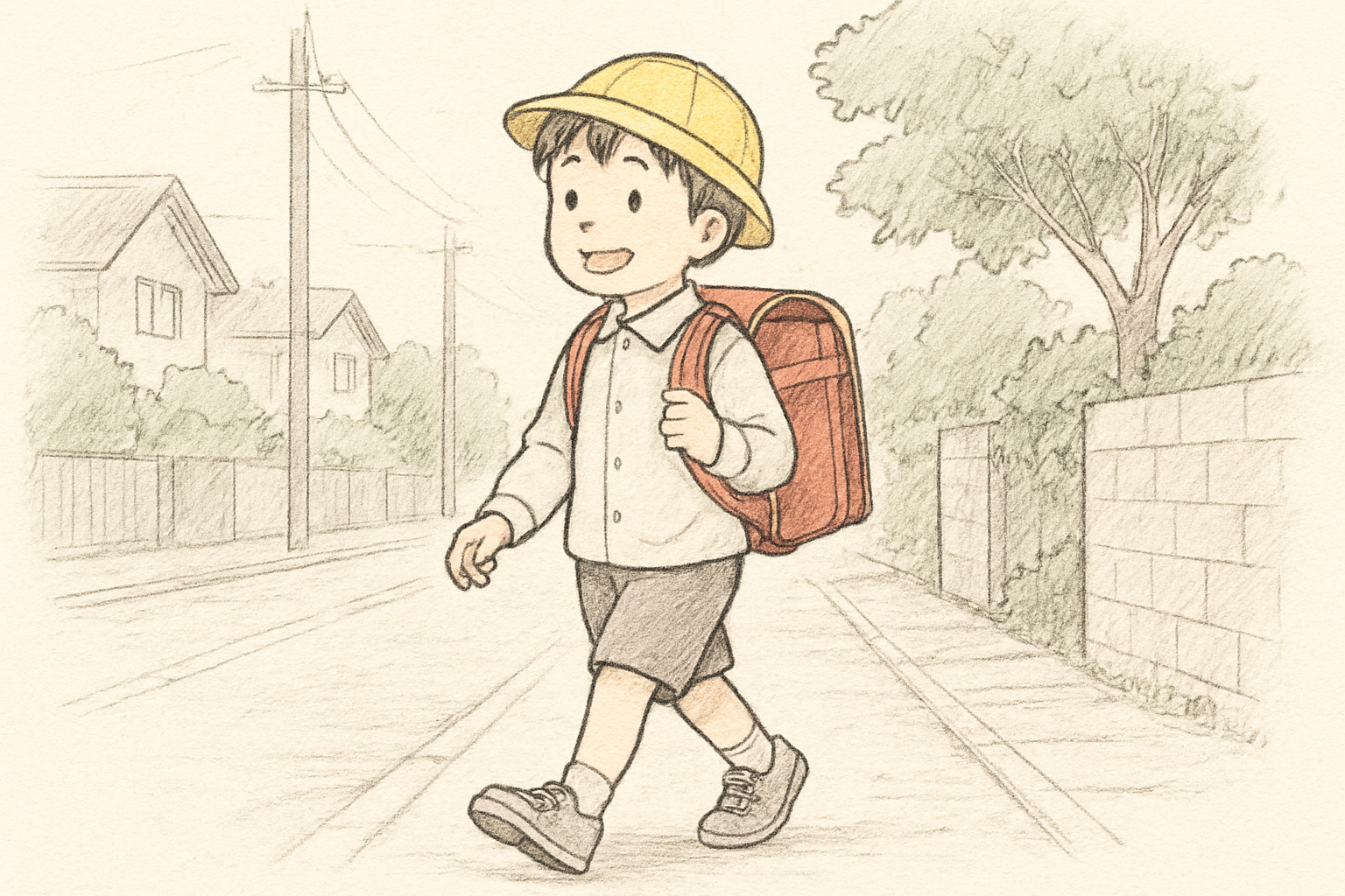 ランドセルを背負って通学路を歩く小学生の朝のイメージ