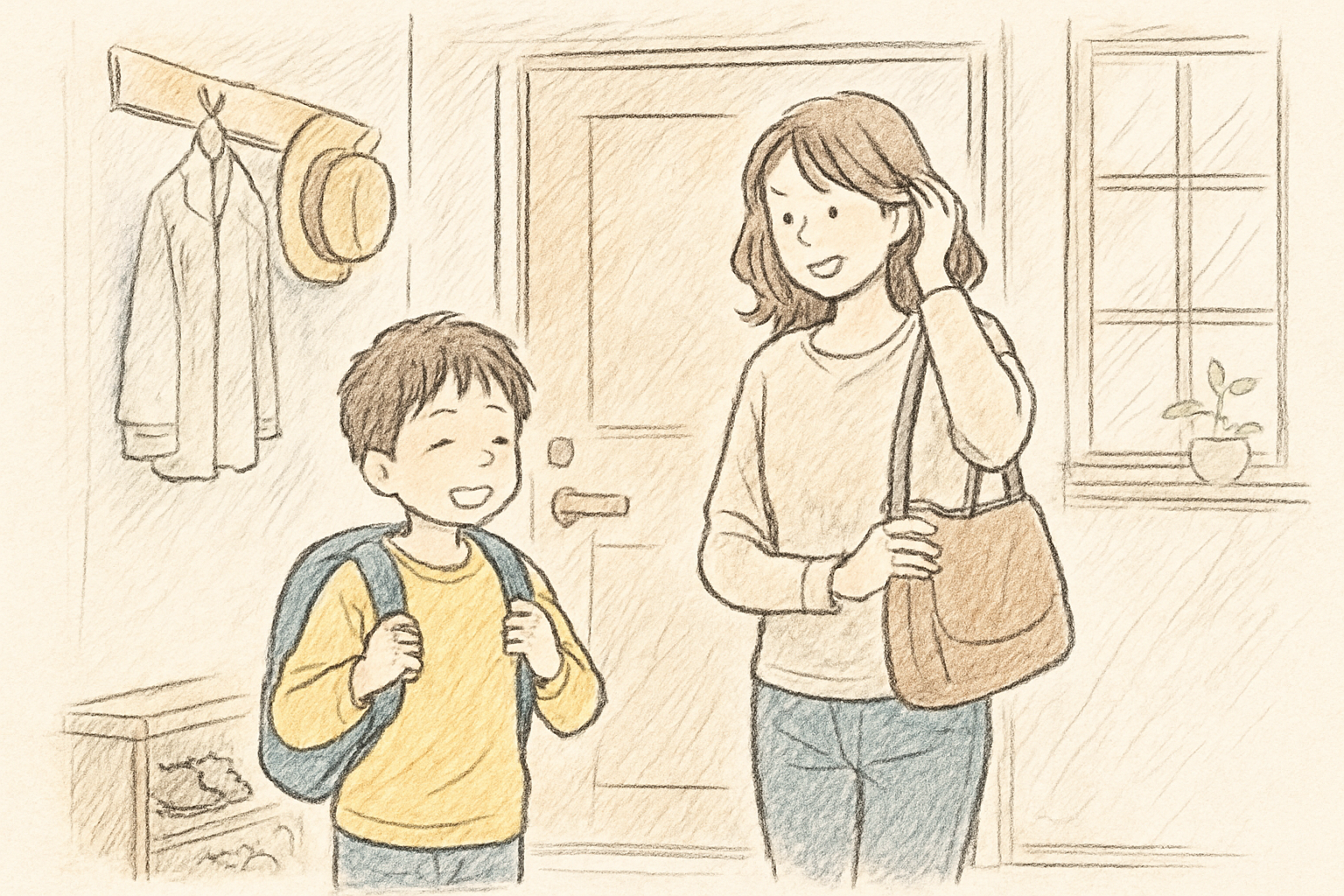 朝の玄関で親子が支度をしているイメージ