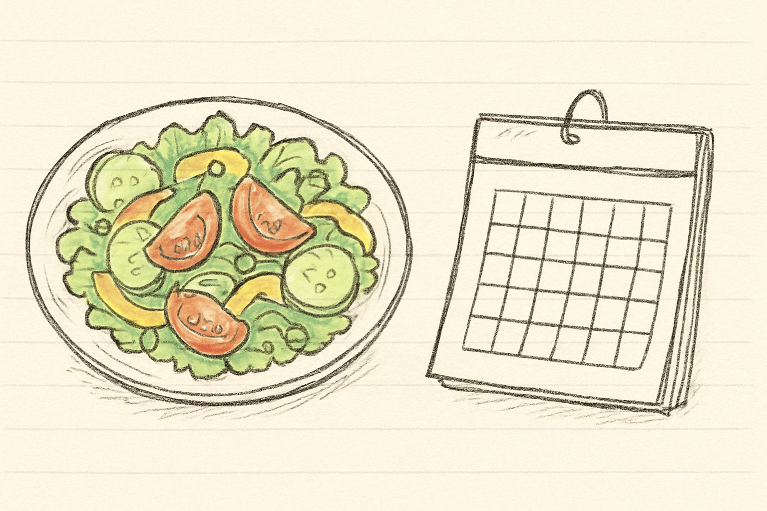 夏野菜のサラダとカレンダーが並ぶ手書き風スケッチ