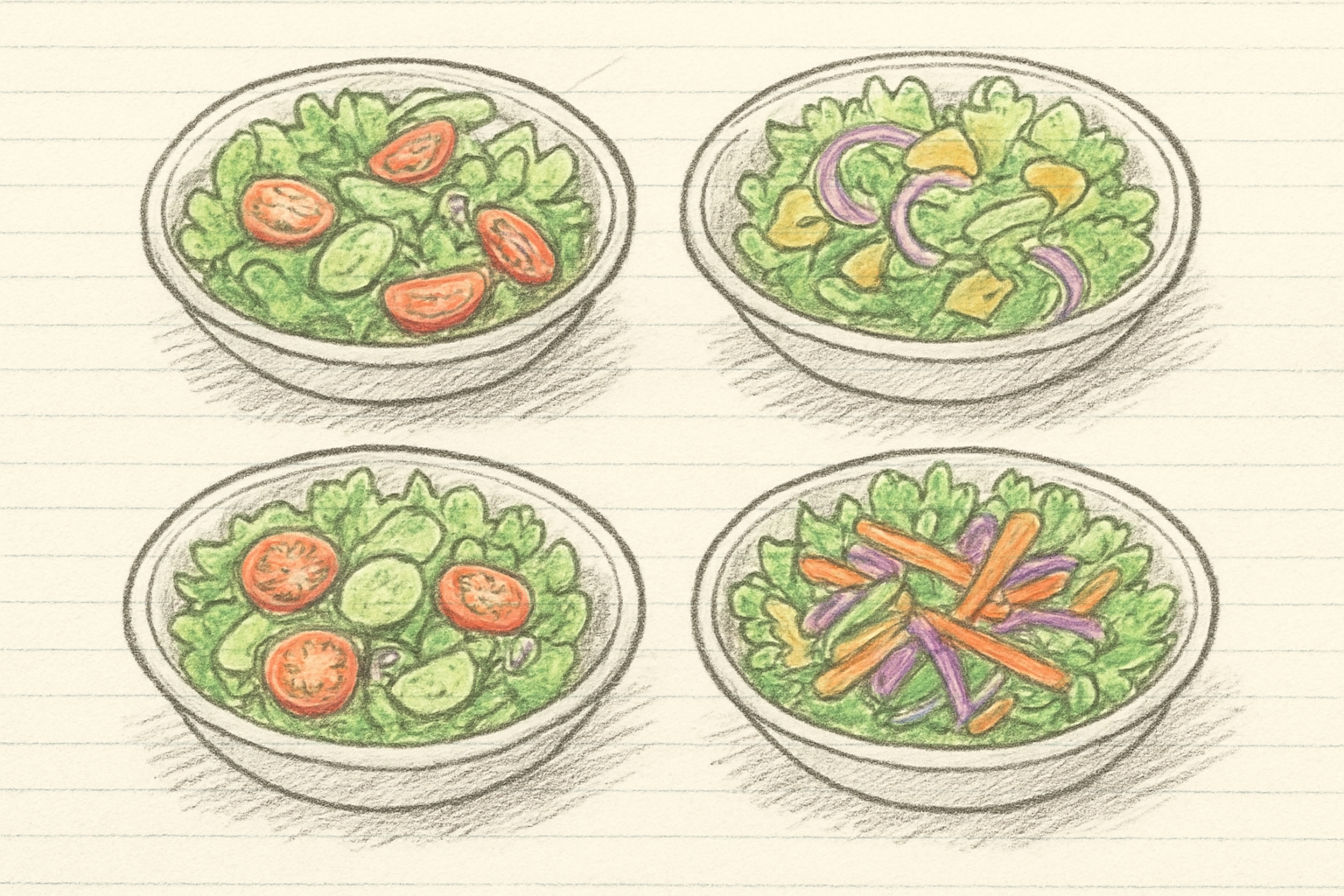 食卓に並んだカラフルなサラダの手書き風スケッチ
