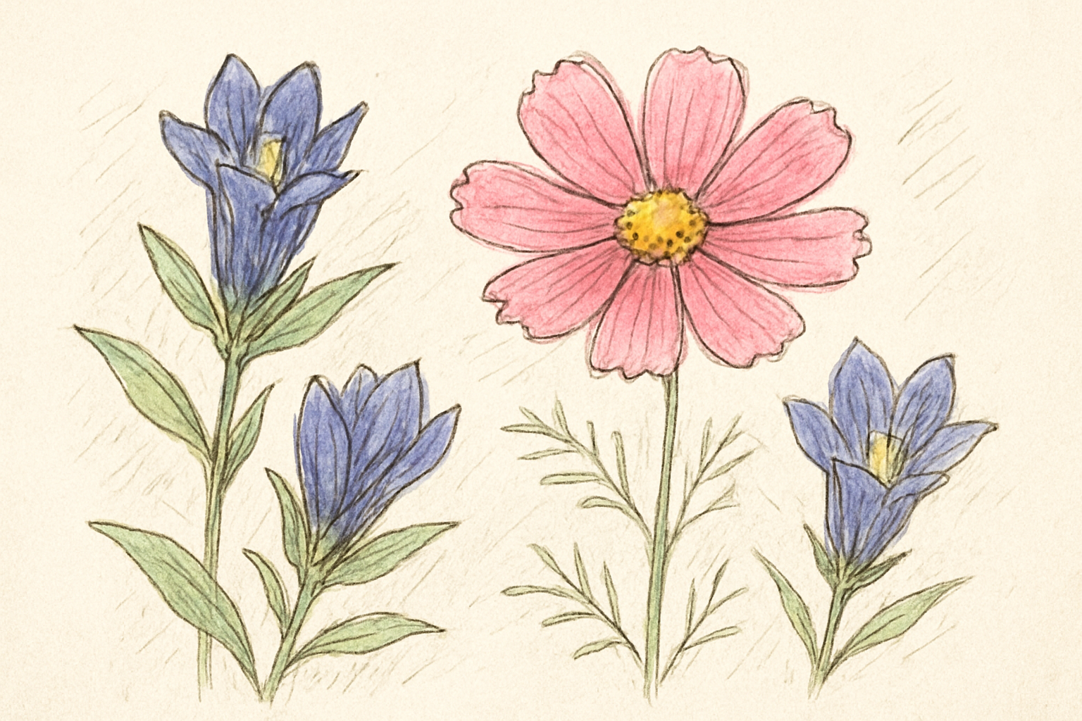 リンドウやコスモスなど秋を代表する花のアップ写真
