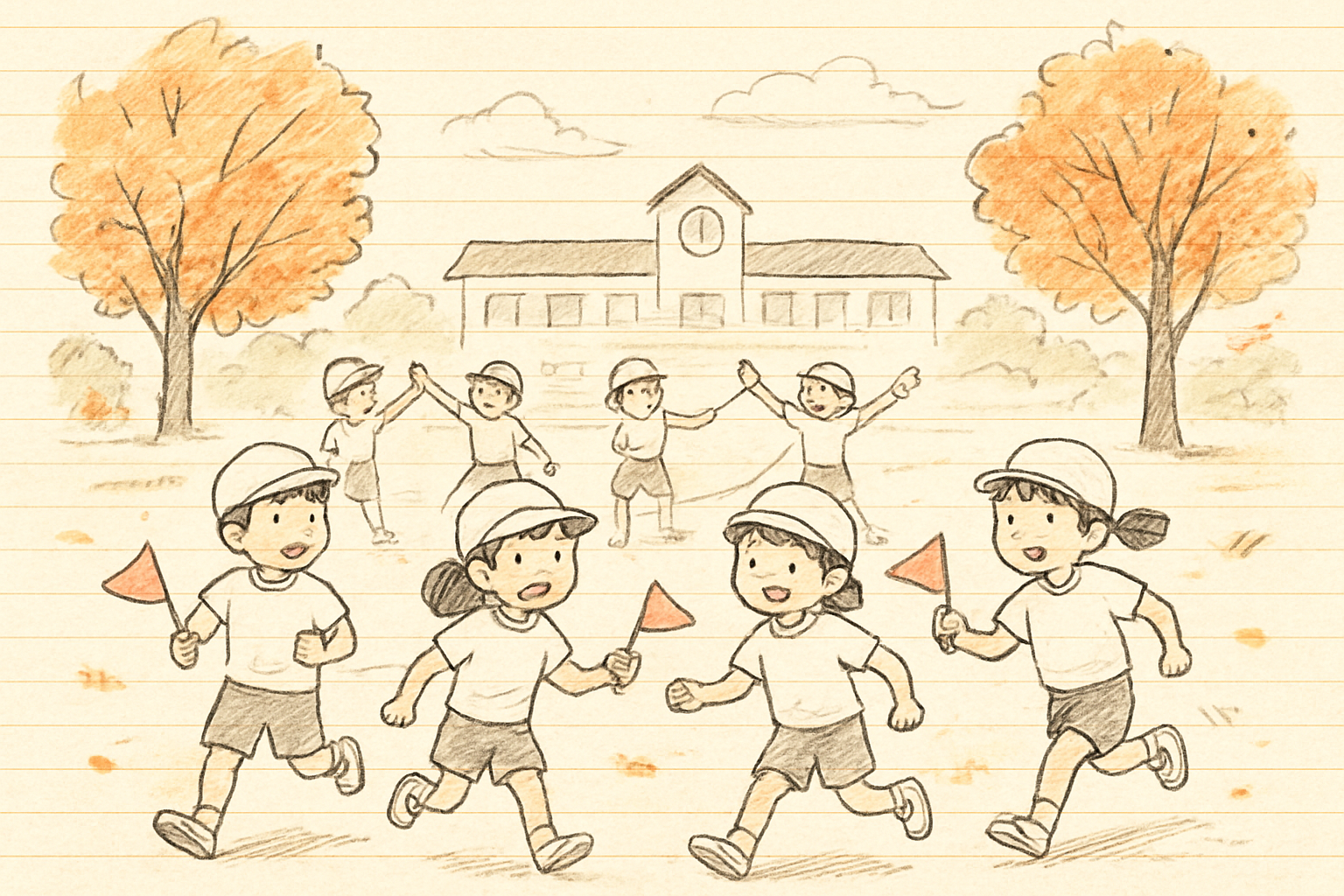 秋の校庭で運動会の練習をする子どもたちのイメージ