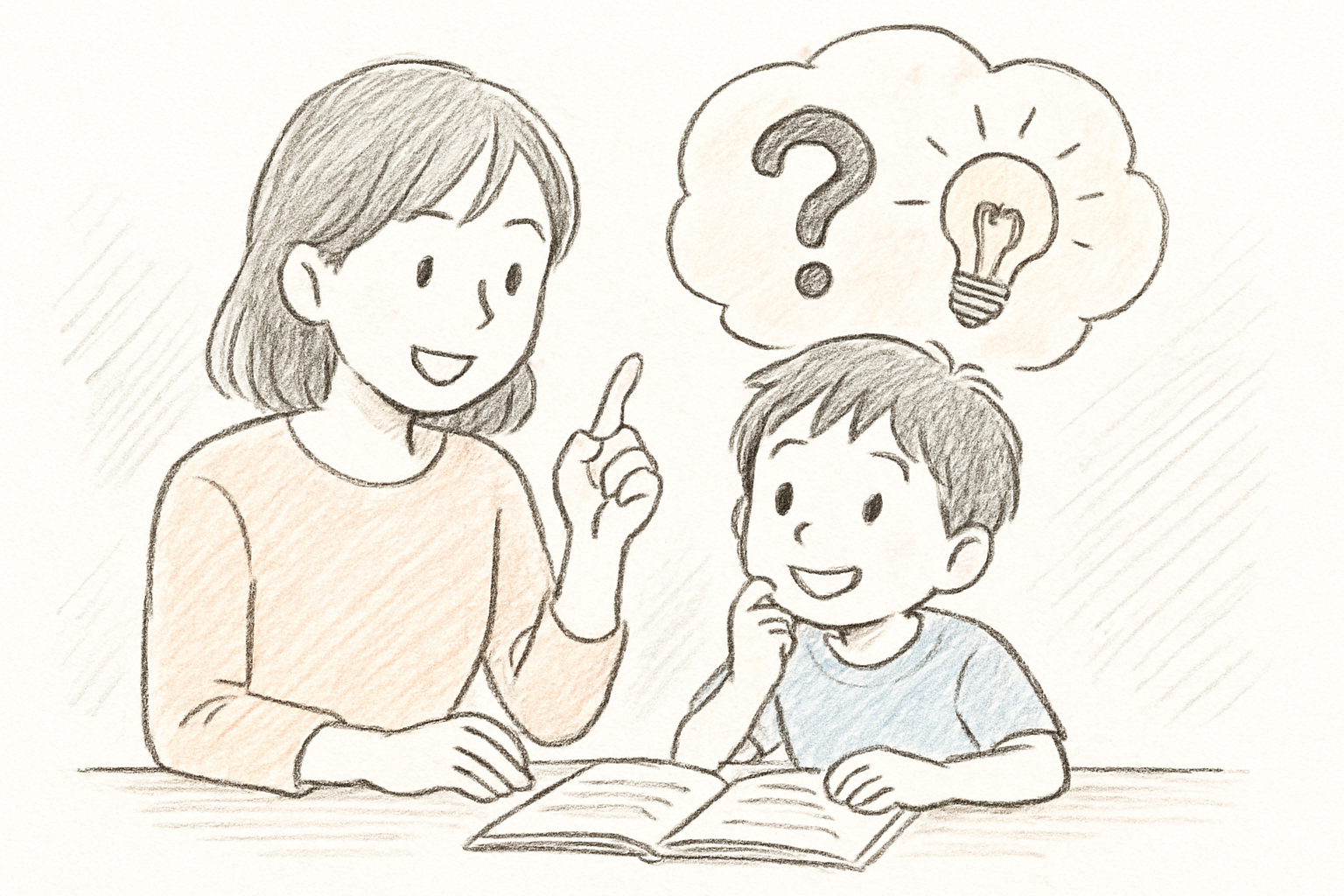 親子でなぞなぞを楽しむ低学年の子どものイメージ