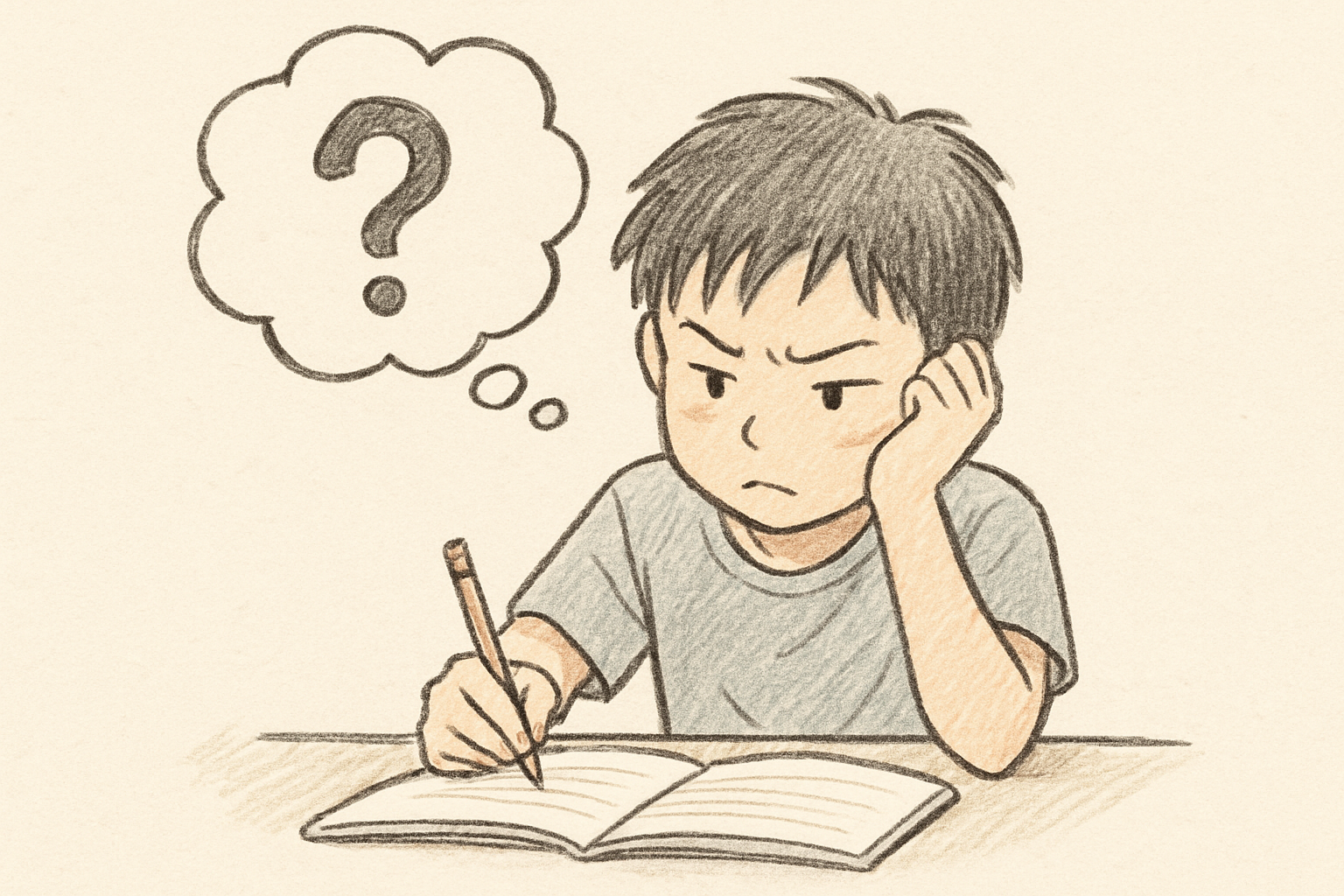 難しいなぞなぞに真剣に取り組む高学年の子どものイメージ