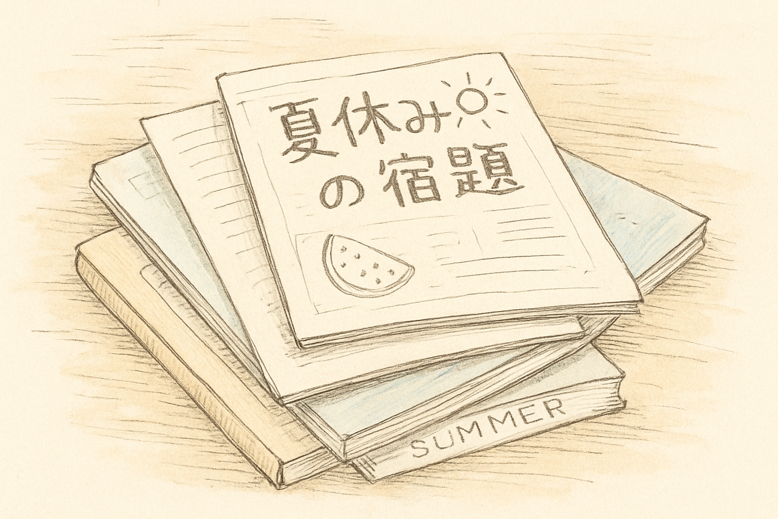 夏休みの宿題のプリントやドリルが机に積まれている手書き風スケッチ