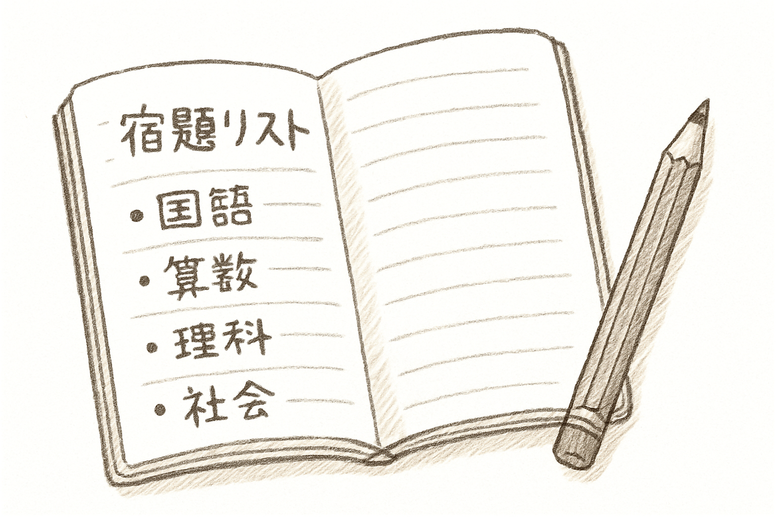 宿題リストを書き出したノートとえんぴつの手書き風スケッチ